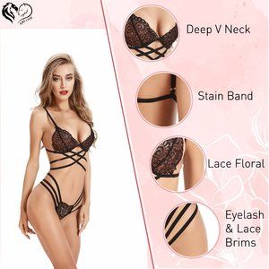 Black Strappy Transparent Lace Bra and Panty Set
